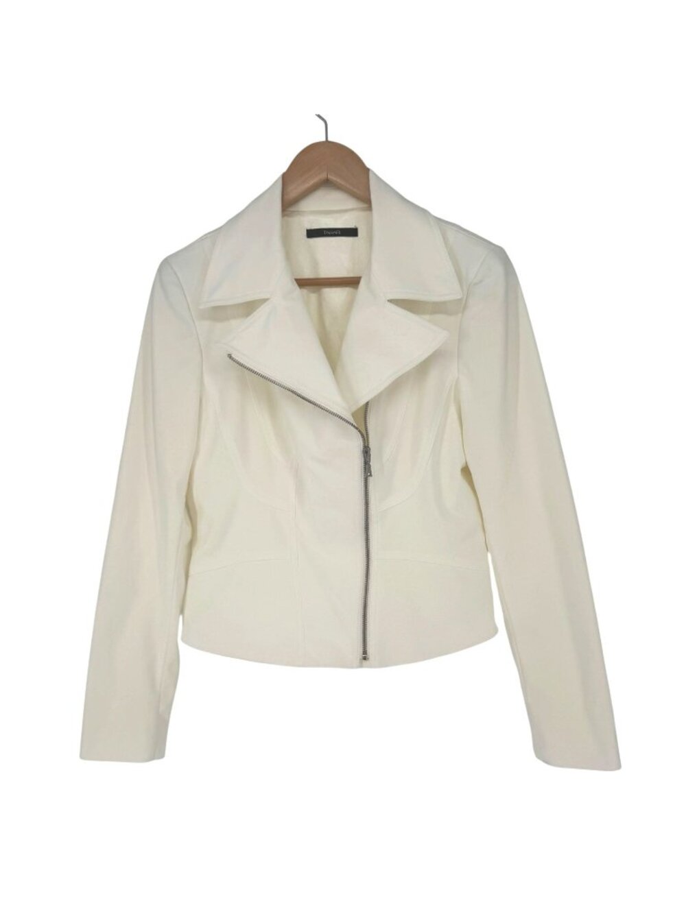 Tahari Winter White Cropped Moto Blazer Jacket Size 12 Zip Timeless Classic - Picture 2 of 8